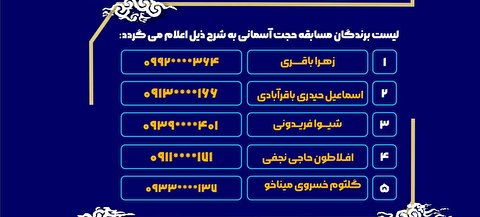 برندگان مسابقه حجت آسمانی به شرح ذیل اعلام می شود